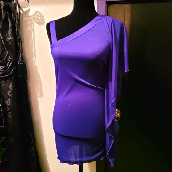 Purple sparkle glitter mini dress off shoulder bat wing - Picture 1 of 3